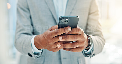 Buy stock photo Hands, mobile and business man in workplace for insurance, policy notification or check schedule. Person, phone or broker in office with email for claims review, coverage information or communication