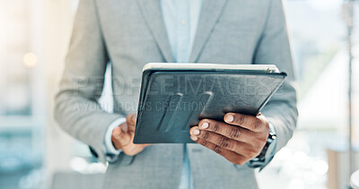 Buy stock photo Employee, online and hands with tablet in office, accountant and info for tax preparation on website. Browsing, research and person with technology for financial records, audit and filing returns