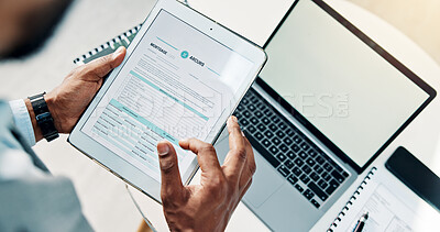 Buy stock photo Businessman, hands or scroll in office with tablet, mortgage loan application or financial planning. Person, reading tech or laptop screen with mockup space, real estate financing form or information