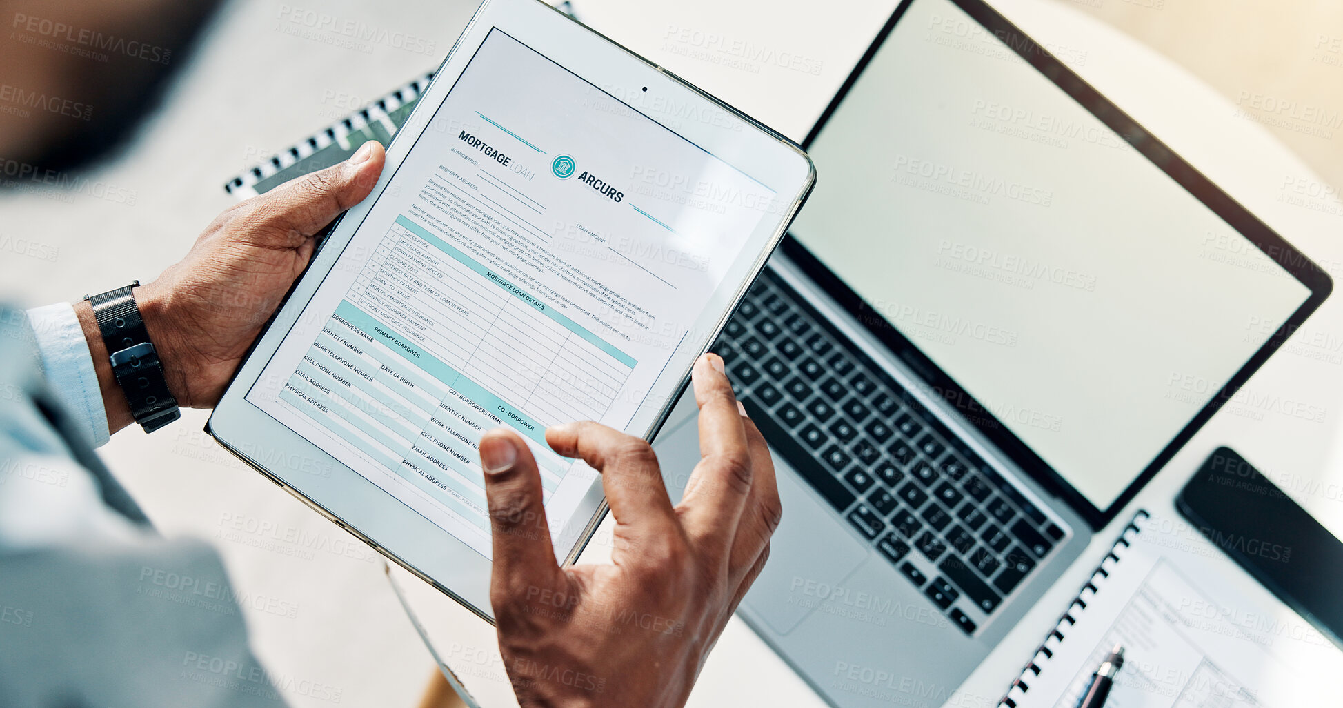 Buy stock photo Businessman, hands or scroll in office with tablet, mortgage loan application or financial planning. Person, reading tech or laptop screen with mockup space, real estate financing form or information