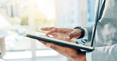 Buy stock photo Planning, online and hands with tablet in office, accountant or info for tax preparation and website. Browsing, research and person with technology for financial records, audit and filing returns