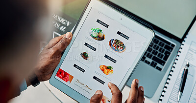 Buy stock photo Man, hands and scroll in office tablet screen for fast food delivery, digital menu or online order. Person, browsing or search with tech for takeaway options, meal choice or lunch break in workplace.