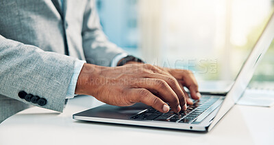 Buy stock photo Online, hands and research with laptop in office, accountant and info for tax preparation on website. Typing, employee and person with technology for financial records, keyboard and filing returns