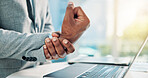 Corporate man, hands or wrist pain in office with laptop from arthritis, carpal tunnel or typing info. Business person, computer or massage in workplace for joint inflammation, ache or tension relief