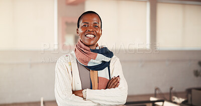 Buy stock photo Portrait, black woman and smile with arms crossed for pilates, fitness pride and personal trainer. Happy, female person and confident for exercise, training support and join us of wellness membership