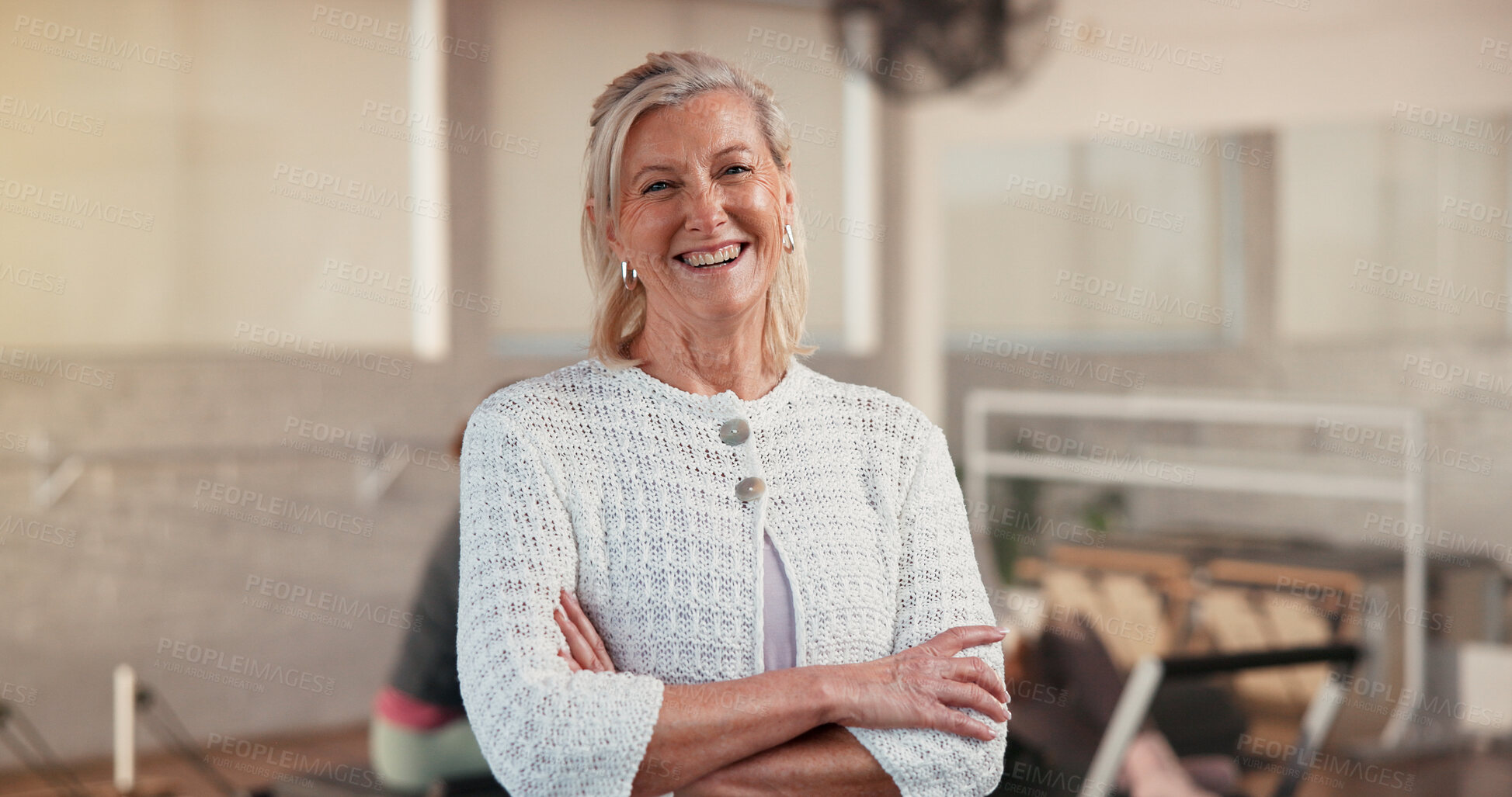 Buy stock photo Portrait, mature woman and arms crossed for pilates, fitness pride and club manager. Happy, female person and confident for exercise course, training support and join us with membership for wellness