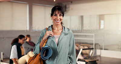 Buy stock photo Portrait, woman and instructor in class for pilates, fitness pride and session. Smile, female person and personal trainer for exercise course, training support and join us with membership of wellness
