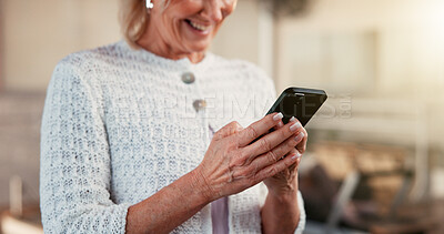 Buy stock photo Hands, cellphone and woman in studio, fitness and typing with digital app to track progress. Closeup, communication and mature person in wellness center, smartphone and social media with connection