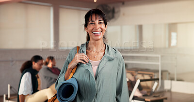 Buy stock photo Portrait, woman and personal trainer with smile for pilates, fitness pride and session. Happy, female person and confident for exercise course, training support and join us with wellness membership