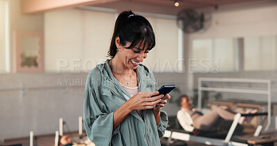 Buy stock photo Pilates, woman or laughing with phone in studio for social media meme, funny post or exercise break. Fitness, mature person and happy with smartphone at wellness club for comic video and texting joke