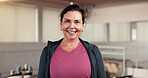 Portrait, woman and happy with personal trainer for pilates, fitness pride and session. Smile, female person and confident for exercise course, training support and join us with wellness membership

