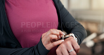 Buy stock photo Check, online and hands with smart watch, gym and workout progress on tracker and heart rate updates. Health club, info and person with fitness goals, exercise and monitor wellness with technology
