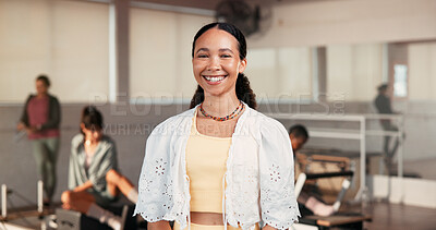 Buy stock photo Portrait, woman and personal trainer in class for pilates, fitness pride and session. Smile, female person and confident for exercise course, training support and join us with membership of wellness 