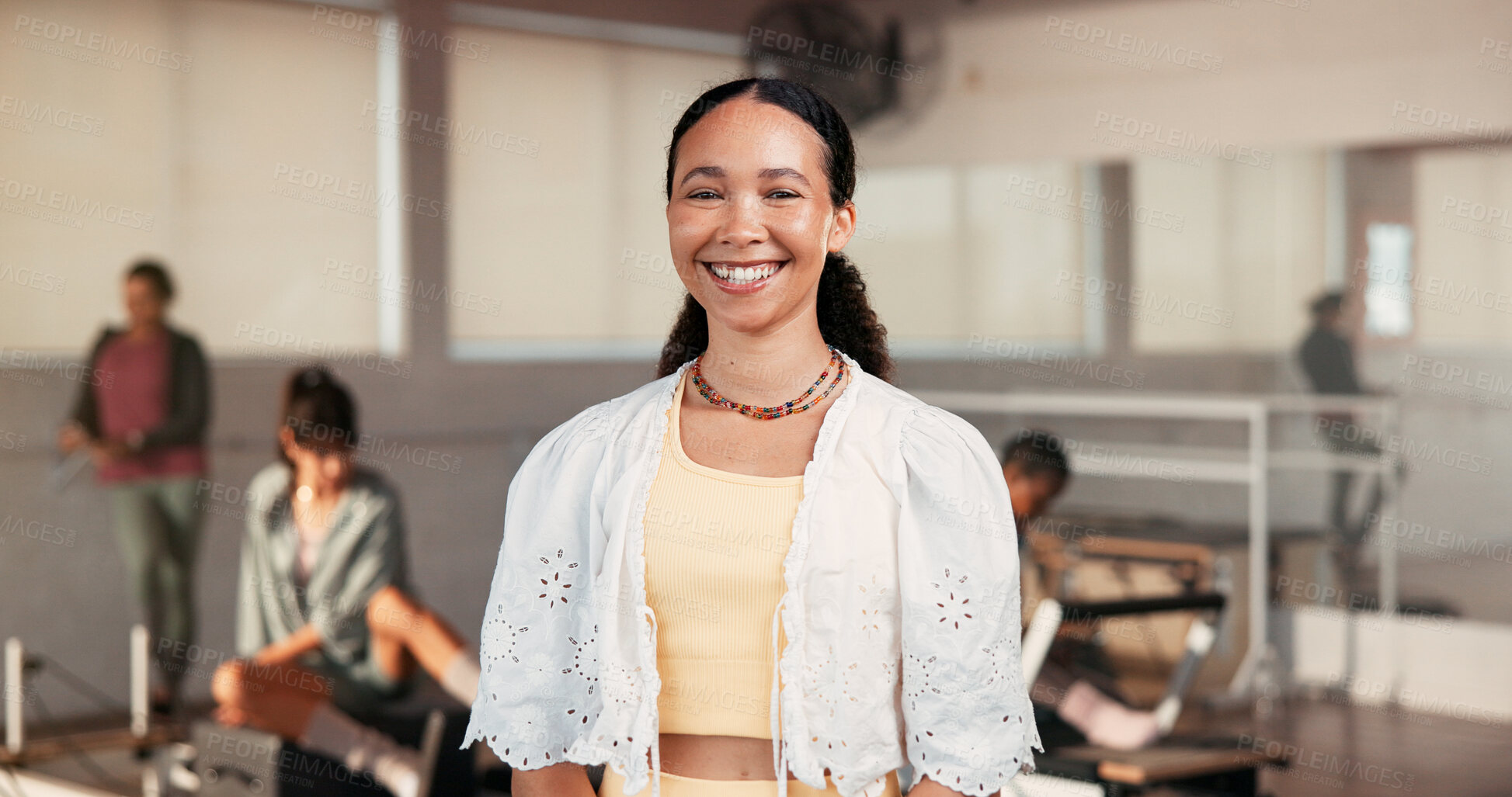 Buy stock photo Portrait, woman and personal trainer in class for pilates, fitness pride and session. Smile, female person and confident for exercise course, training support and join us with membership of wellness 