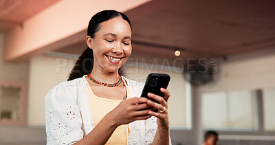 Buy stock photo Smile, smartphone and woman in studio, fitness and typing with digital app to track progress. Happy, mobile user and healthy person in wellness center, cellphone and social media with communication