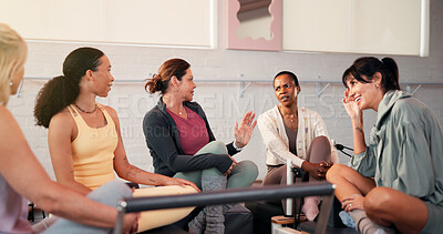 Buy stock photo Woman, friends and fitness with talk at pilates class, listen and attention for conversation at gym. People, group and discussion with tips, chat or advice with routine, exercise and wellness at club
