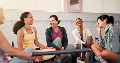 Buy stock photo Smile, people and friends talk for pilates with fitness feedback, training tips and progress. Group, woman and discussion on reformer for exercise, explain technique and advice with wellness session