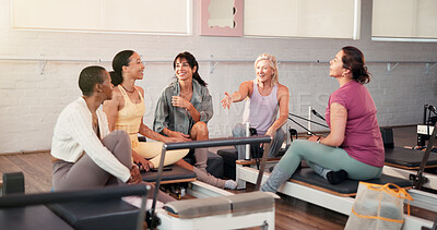 Buy stock photo Woman, friends and talk with laugh at pilates class, listen and memory with conversation at gym. People, group and discussion with gossip, chat or advice for routine, exercise and wellness at club