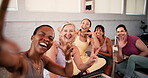 Happy women, portrait and class with selfie for fitness memory, picture or photography together. Group, female people or friends with smile or peace sign for capture moment or break in health club