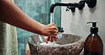 Person, washing and hands with water in bathroom for hygiene, remove germs and bacteria disinfection. Faucet, palm and cleaning skin with antibacterial liquid, sanitation habit and wellness at house