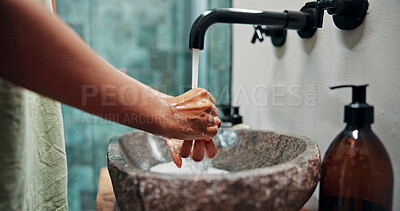Buy stock photo Person, washing and hands with water in bathroom for hygiene, remove germs and bacteria disinfection. Faucet, palm and cleaning skin with antibacterial liquid, sanitation habit and wellness at house