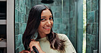 Beauty, brushing hair and portrait of woman in bathroom of home for getting ready or morning routine. Hairbrush, mirror and smile of happy Indian person in apartment for daily haircare treatment