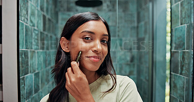 Buy stock photo Skincare, portrait or Indian woman in home with gua sha, facial benefit or massage in self care. POV, jaw tone or girl in bathroom with tool, lymphatic drainage or jade stone for irritation reduction