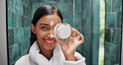 Buy stock photo Skincare, cream and portrait with woman in bathroom for morning routine, retinol moisturizer and self care. Dermatology, lotion and beauty with person in home for hydration, glow and facial treatment