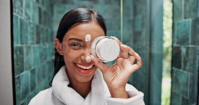Buy stock photo Beauty, cream and portrait with woman in bathroom for morning routine, retinol moisturizer and self care. Dermatology, lotion and skincare with person in home for hydration, glow and facial treatment