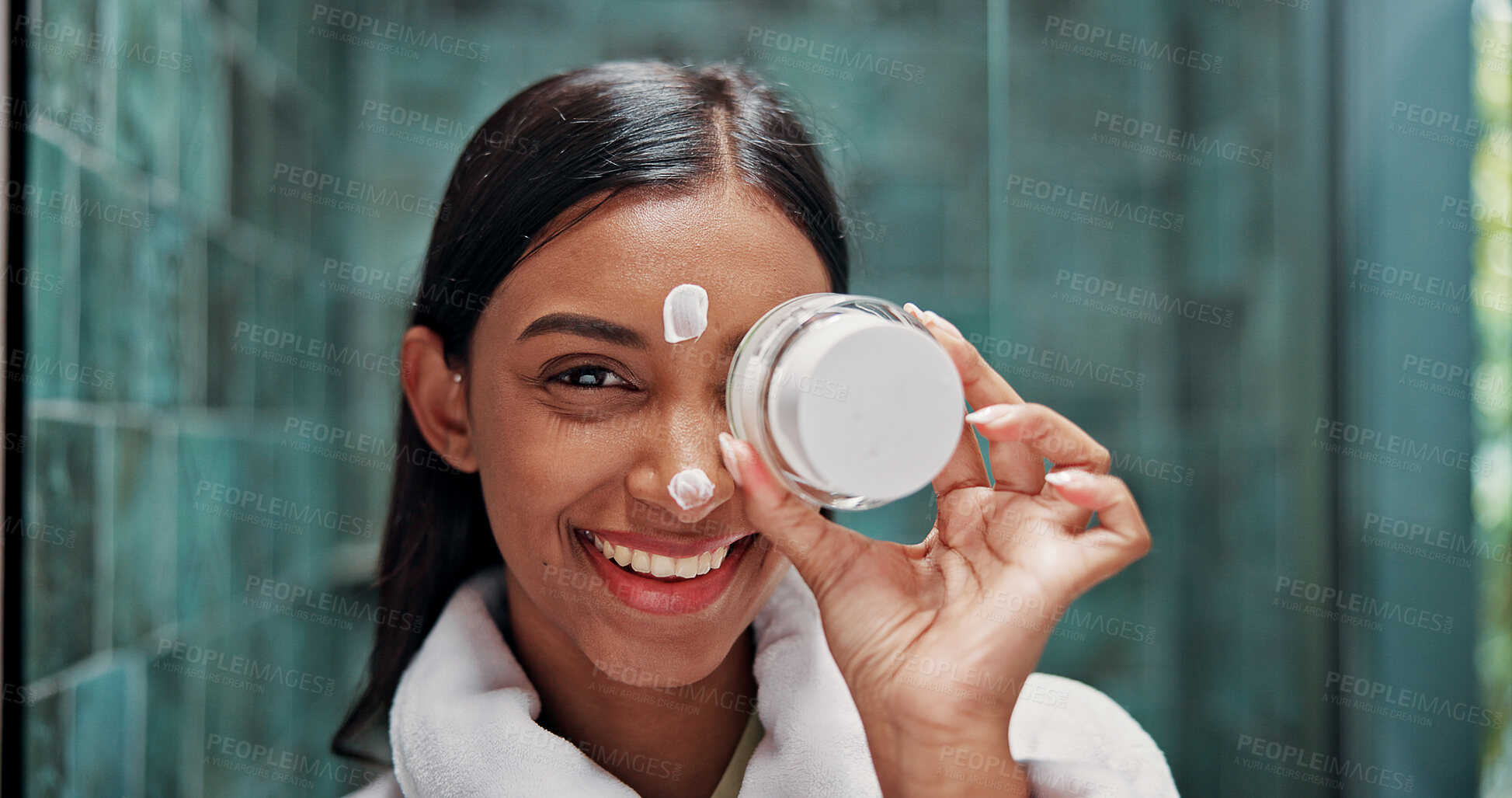 Buy stock photo Cosmetics, lotion and portrait with woman in bathroom for beauty, retinol moisturizer and self care. Dermatology product, cream or skincare with person in home for hydration, glow or facial treatment