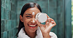 Skincare, lotion and portrait with woman in bathroom for beauty, retinol moisturizer and self care. Dermatology, cream and cosmetics with person in home for hydration, glow and facial treatment