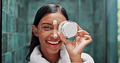 Buy stock photo Skincare, lotion and portrait with woman in bathroom for beauty, retinol moisturizer and self care. Dermatology, cream and cosmetics with person in home for hydration, glow and facial treatment