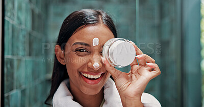 Buy stock photo Beauty, lotion and portrait with woman in bathroom for skincare, retinol moisturizer and self care. Dermatology, cream and cosmetic product with person in home for hydration, glow or facial treatment