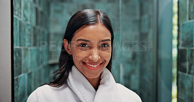 Buy stock photo Beauty, hygiene and portrait of happy woman in bathroom of home for daily grooming routine. Bathrobe, skincare and smile of Indian person in apartment for cleaning, morning wellness or satisfaction