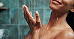 Water, shower and hands of woman in bathroom for washing skin for hygiene, wellness or health. Self care, beauty and female person with cleaning body for grooming treatment in morning at apartment.