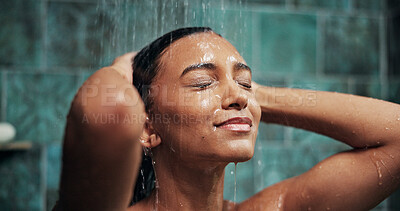 Buy stock photo Bathroom, water and girl with washing in shower for haircare, body hygiene and dirt removal. Wet, woman and cleaning skin in home for self care, grooming routine and skincare wellness to start day