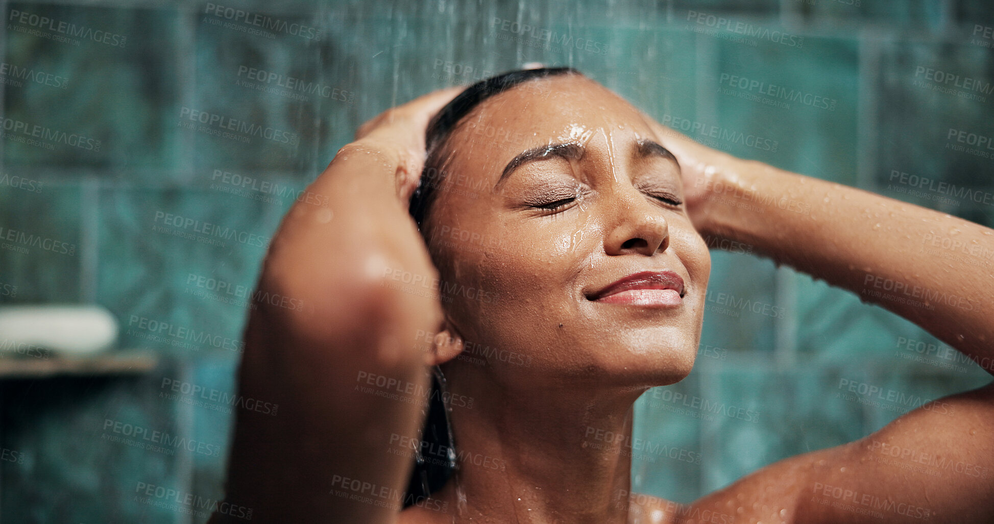 Buy stock photo Home, water and woman with washing in shower for haircare, hygiene and happy with cleanliness. Wet, person or cleaning face with smile in bathroom for self care, grooming routine or skincare wellness