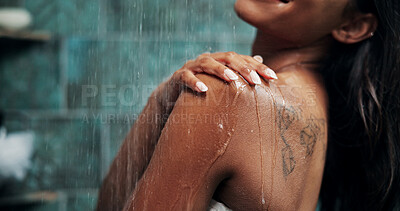 Buy stock photo Water, shower and woman in bathroom for washing skin for hygiene, wellness or health routine. Self care, beauty and female person with cleaning body for grooming treatment in morning at apartment.