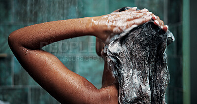 Buy stock photo Shower, woman and shampoo for hair in bathroom, hygiene or cleaning with morning routine in home. Soap, person or wash scalp with water, cosmetics or haircare treatment for beauty with foam from back