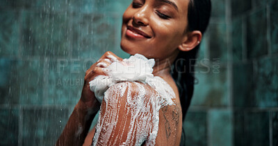 Buy stock photo Woman, sponge or soap in shower with water for cleaning, body care or wellness in home. Happy female person, liquid or hygiene foam wash in bathroom with loofah, skincare bubbles or grooming.