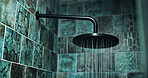 Background, cleaning and water with shower head in bathroom for hygiene, maintenance or wellness. Plumbing, wall and spray with nozzle sprinkler in apartment for disinfection, sanitation or washing