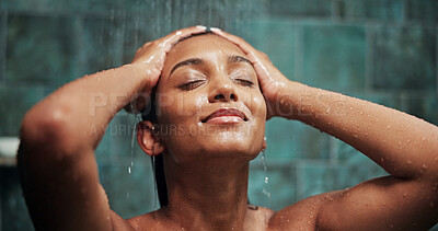 Buy stock photo Shower, woman and water for hair care, beauty or cleaning with morning routine in bathroom. Happy, person and wash for hygiene, health and hairstyle treatment for wellness with cosmetics in home
