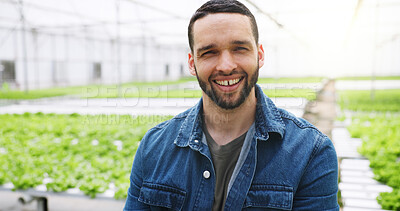 Buy stock photo Happy man, portrait or greenhouse with harvest for agriculture, natural growth or food production. Male person, farmer or farmland with smile, plants or crops for resources or indoor agro business