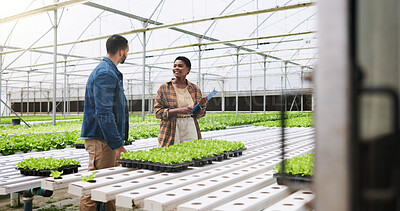 Buy stock photo Farm, talking and people with plants in greenhouse for inspection for growth, produce and health. Agriculture, sustainability and farmers with clipboard for organic crops, harvest and vegetables