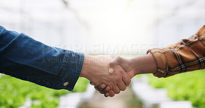 Buy stock photo People, handshake and partnership with deal in greenhouse for food production, b2c or agro business. Closeup, farmer and client shaking hands with natural growth for harvest, agriculture or farming