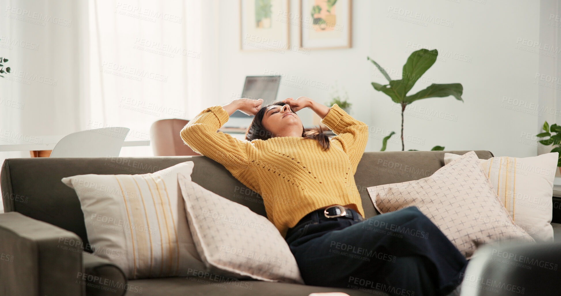 Buy stock photo Home, stretching and woman on sofa, relax and comfortable with weekend break in living room. Apartment, stress free and happy person on couch, calm and peace with lazy afternoon, resting and day off