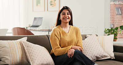 Buy stock photo Home, portrait and woman on couch, smile and relax with weekend break, cozy and calm. Happiness, apartment and healthy person on sofa, resting and comfortable with Sunday afternoon and confidence