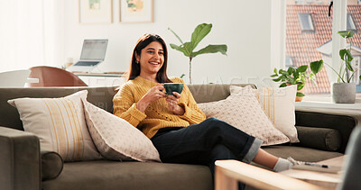 Buy stock photo Tea, relax and smile with woman in home for weekend break, peace and think with morning beverage. Coffee cup, drink and happy person on sofa in living room, daydreaming and calm mindset with comfort