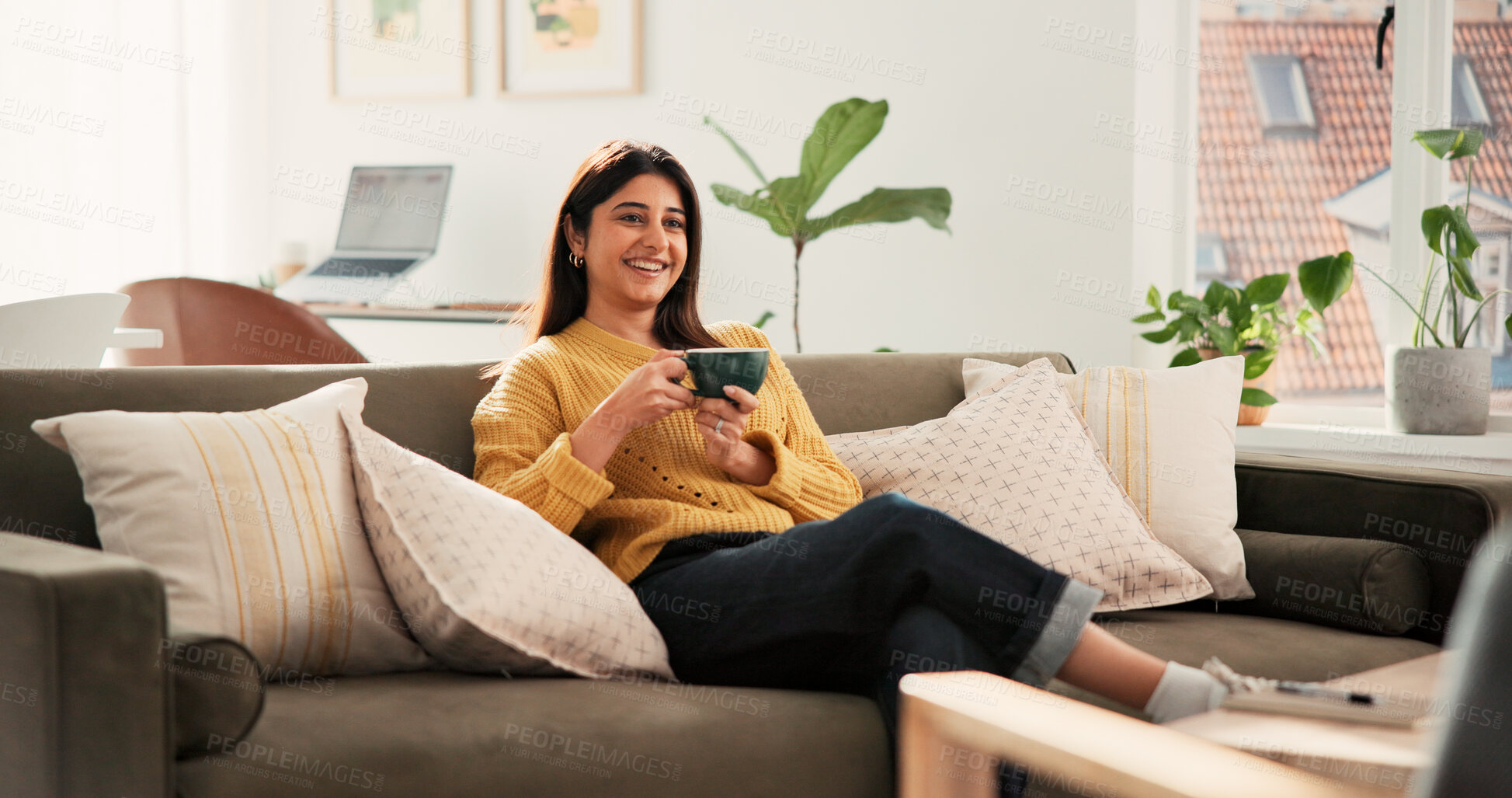 Buy stock photo Tea, relax and smile with woman in home for weekend break, peace and think with morning beverage. Coffee cup, drink and happy person on sofa in living room, daydreaming and calm mindset with comfort