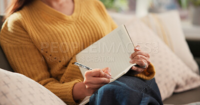 Buy stock photo Woman, hands and writing on sofa with journal for planning goals, creative idea or process emotions. Daily reflection, notes or person in home with diary for self improvement, inspiration or insight.